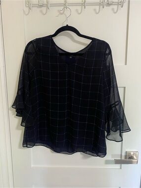 RW&CO. Navy Sheer Windowpane Blouse with Ruffle Sleeves